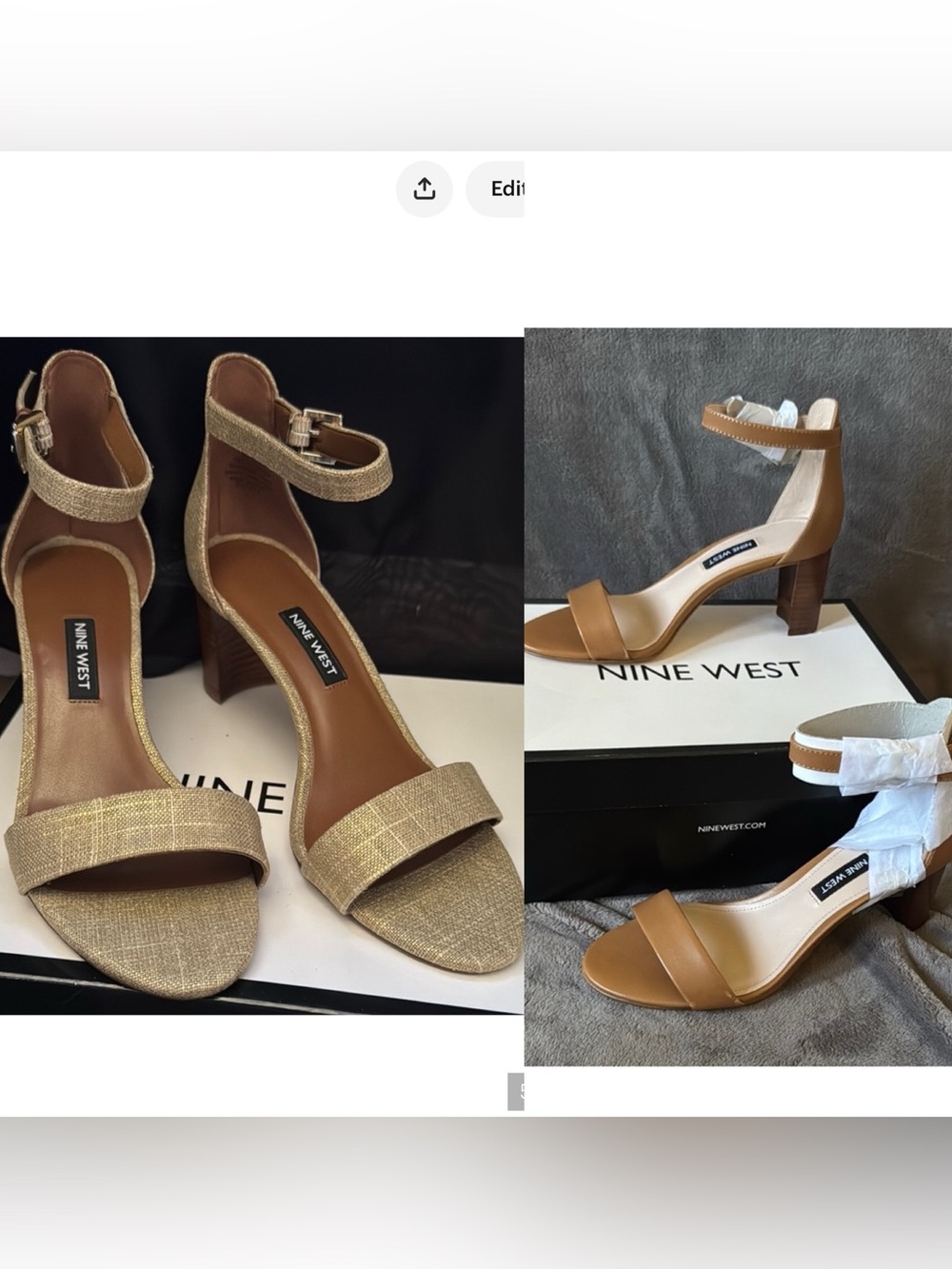 Nine West Two-Tone Ankle-Strap Block Heels in Gold 7 and Tan. 6 1/2. BUNDLE.